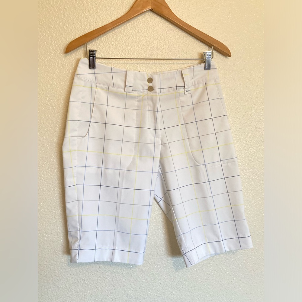 Women’s Nike Dri-fit Golf Bermuda White Plaid Shorts Size 4 12” Inseam